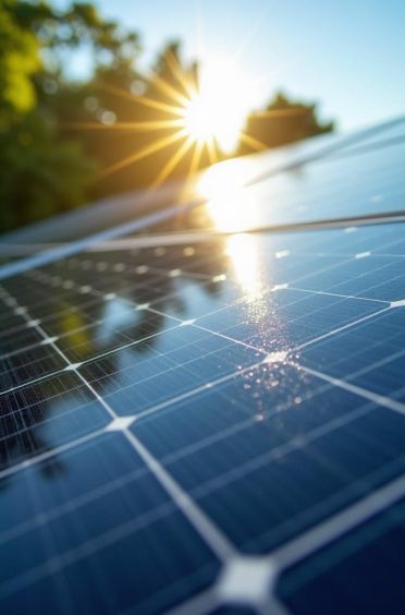 Solar panels and wind turbines in a landscape